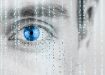 Futuristic image with human eye with blue iris and matrix texture.