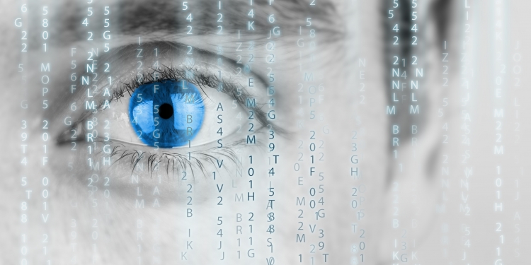 Futuristic image with human eye with blue iris and matrix texture.