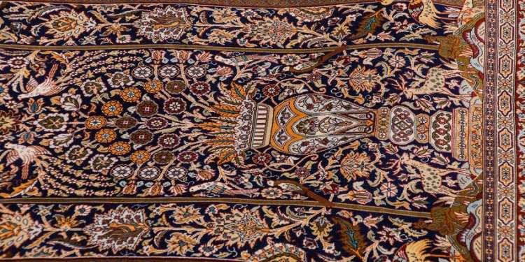 32919751 - finely woven silk carpet  in a carpet showroom in  cappadocia, turkey